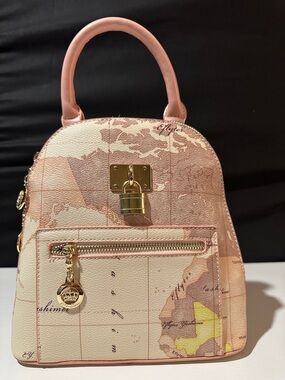 Women’s elegant Pink Map-Print Dome Satchel Handbag and bag pack